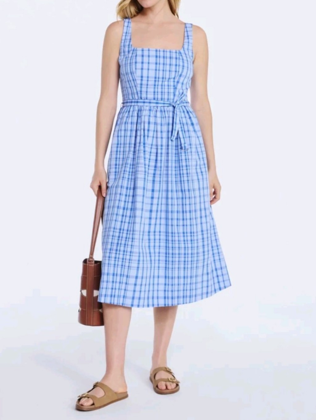 Light Blue Plaid Sleeveless Milkmaid Sun Dress With Tie Belt Smocking Pockets